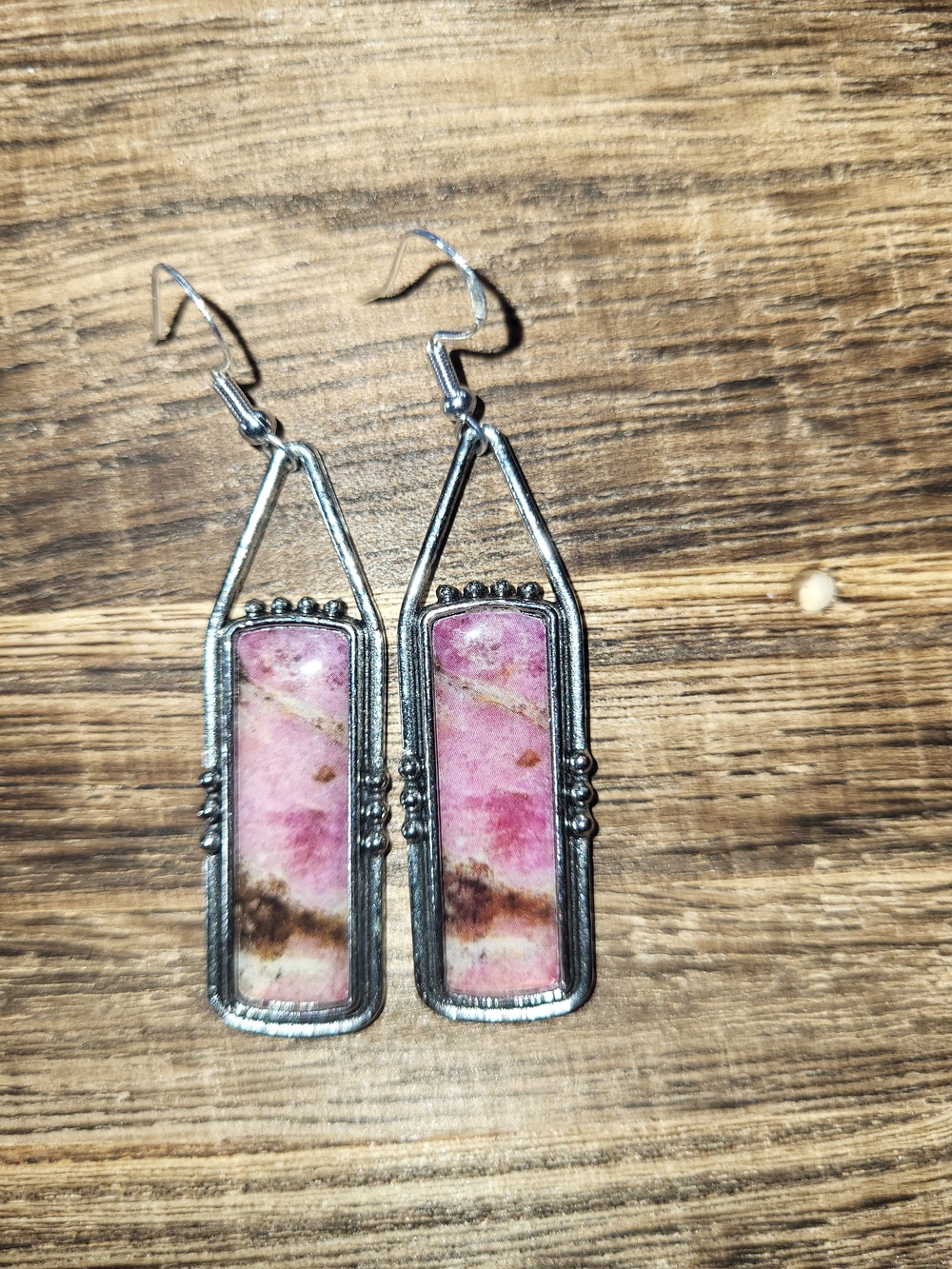 Pink Rhodonite Rectangle Drop Earrings